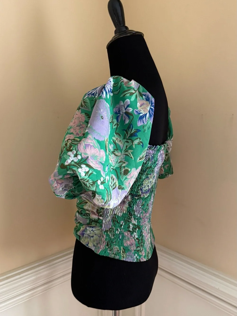 Astr Green‎ Floral Puff-Sleeve Wrap Blouse Size Small